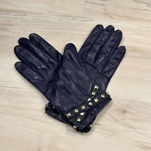Coach Women 7.5 Gloves f80945 Leather Silk Lined Studded Navy Blue New